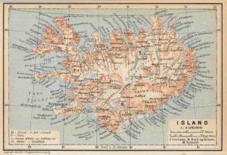 ICELAND Old Vintage Map of Island. 1912  