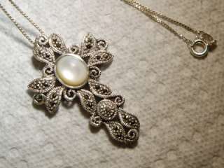 Sterling Mother of Pearl Marcasite Cross Necklace~Italy  
