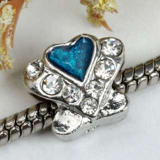 5pcs Blue Enamel Crystal Heart European Beads Fit Charm Bracelet 