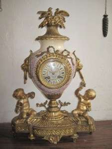 Beautiful Antique French Brass & Porcelain Cherub Mantel Clock 1910 