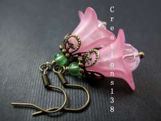 Vintage Style Pink Lucite Flower Glass Beaded Dangle Earrings Costume 