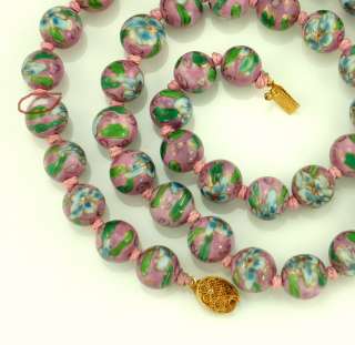   Hand Painted Pink Porcelain 12 mm Beaded Knotted Flower Clasp Necklace