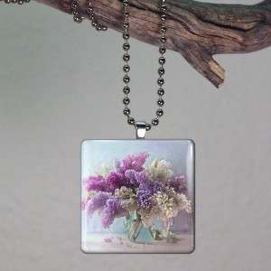 Lilac Flowers Large Glass Tile Necklace Pendant A69  