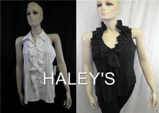New Katherine Barclay White Black Sleeveless Ruffle Blouse Top Size 2 