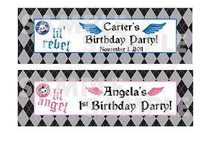   lil ANGEL skull 1st BIRTHDAY PARTY water bottle label wrappers FAVOR