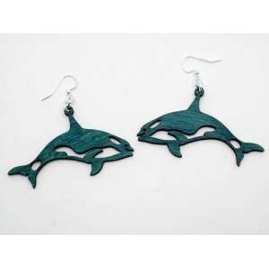  Teal Killer Whale Wooden Earring GTJ Jewelry