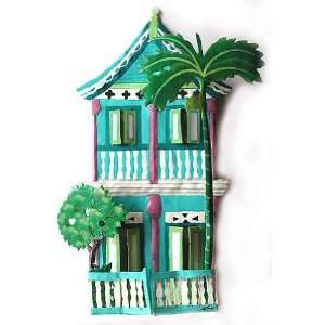 Turquoise 2 Story House   Hand Painted Haitian Metal Art  