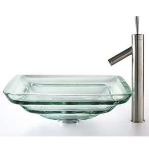   1002SN Clear Oceania Glass Vessel Sink and Sheven Faucet Satin Nickel