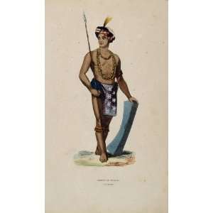 1843 Print Costume Man Spear Indonesia Celebes Sulawesi   Hand Colored 