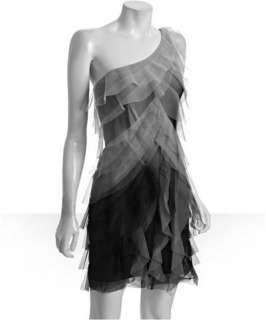 BCBGMAXAZRIA grey ombrey tiered mesh Monica one shoulder dress