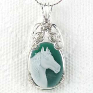 Horse Agate Cameo Pendant Sterling Silver  