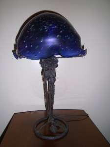   TABLE LAMP CAST IRON LAMP POST BLUE GLASS DAUM NANCY SHADE  