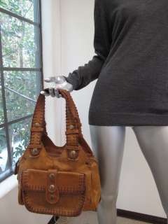 Chloe Tan Leather/Fabric Woven Stitched Trim Large Pocket Bag  