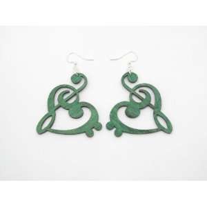  Kelly Green Treble and Bass Clef Heart Wooden Earrings 
