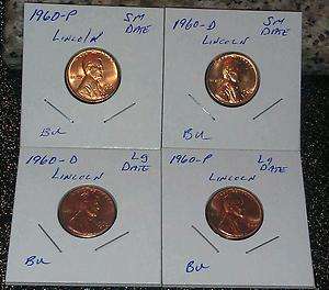 1960 P, 1960 D small date, large date Lincoln Memorial Penny BU set 