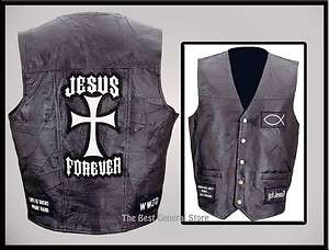 Mens Black Leather Christian Cross Motorcycle Vest Religious sizes M L 