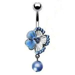 Blue and White Flower Belly Button Navel Ring with Dangling Faux Pearl 