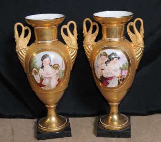 Pair Sevres Porcelain Swan Vases Urns  