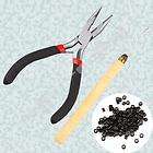 Hair Extension Metal Plier Tool + Wood Hook + 100 Micro Link Beads