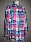   YORK Sz L Pink Blue Plaid Career Shirt Blouse 100% Linen Spring FAB