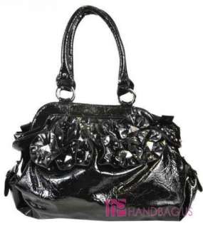 Shiny Patent Leather Studded RUFFLE Petal FLOWER Casual Tote Bag Purse 