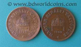 LOT OF (2) HUNGARY TWO 2 FILLER 1905 KB + 1909 KB 19mm BRONZE 