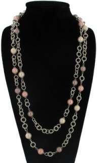 New Pink Faux Pearl Silver Tone Chain Long Necklace 60  