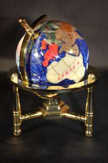 Genuine Multi Gemstone Desktop Globe Gold Tone Base Navy Blue Globe 