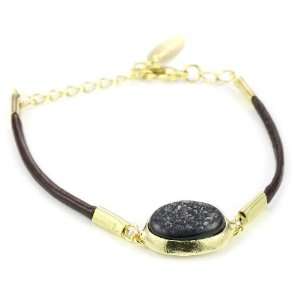  Marcia Moran Black Druzy Oval Stone And Brown Leather 