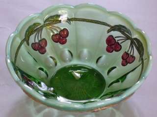 Northwood Opalescent Glass Green Cherry Cable Bowl  