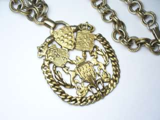 Large Vintage Gold Tone Crest Medallion Pendant Necklace  