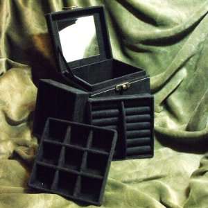   New Suedene Black Three Tray Portable Travel Jewelry Box with Mirror