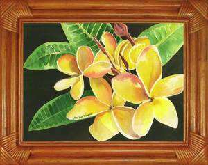   Frangpani Lei Flower Floral Hawaii Rattan Frame Framed Tropical Art