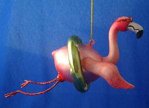 glass pink flamingo Christmas ornament wearing swim ring & goggles 