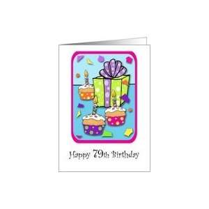  79 Years Old Lit Candle Cupcake & Gift Birthday Card Card 