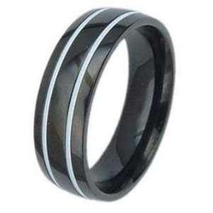   Polished Black Titanium Ring With Two White Grooves For Men Jewelry