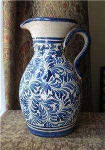 Antique SPANISH FAIENCE MAJOLICA PITCHER Blue Leaves Vintage Glazed 