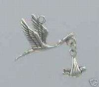 Sterling Silver STORK WITH BABY, MOVABLE CHARM  