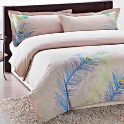 Embroidered Peacock Queen size 3 piece Duvet Cover Set  