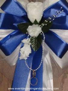 WHITE ROSE ROYAL BLUE Satin Ribbon Bows for Weddings  