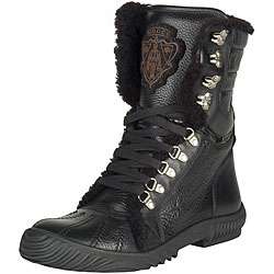   Mens Black Pebbled Leather Wool Trim Lace up Boots  