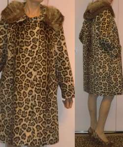 VTG LEOPARD CHEETAH FAUX FUR KNEE LENGTH COAT w/raccoon? fur collar 