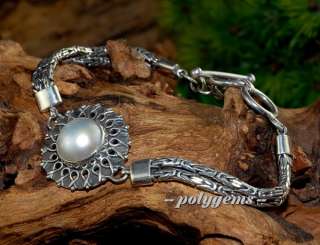 INTRICATE BYZANTINE CHAIN MABE PEARL 925 SILVER ROUND BRACELET 8 