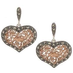   Sterling Silver Marcasite Rose Goldtone Heart Earrings  