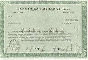 BERKSHIRE HATHAWAY INC STOCK SPECIMEN W/ WARREN BUFFET FACSIMLE 