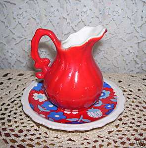 MINIATURE PITCHER AND PLATE BY NAPCO RED WHITE AND BLUE  
