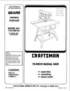  Craftsman Radial Arm Saw Manual Many Models Avail  