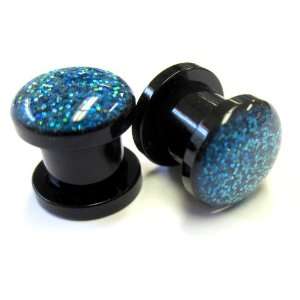  Double Flared Acrylic Plugs with Electric Blue Glitters 