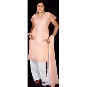 Coral and White Salwar Kameez Suit with Sequins and Embroidery   Pure 