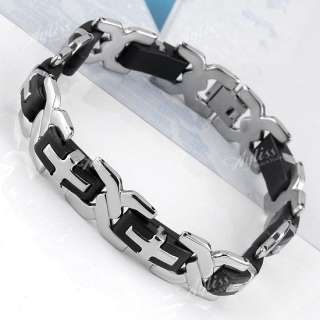 Black Rubber Stainless Steel Cross Bracelet Bangle Link Chain Mens 